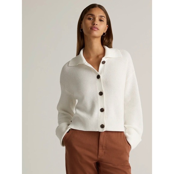 Quince Sz Large White Organic Cotton Fisherman Collared Cardigan - Picture 2 of 13